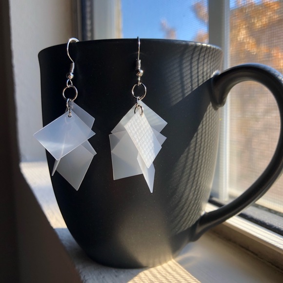 Handmade White Rectangular Dangle Earrings - Picture 2 of 3